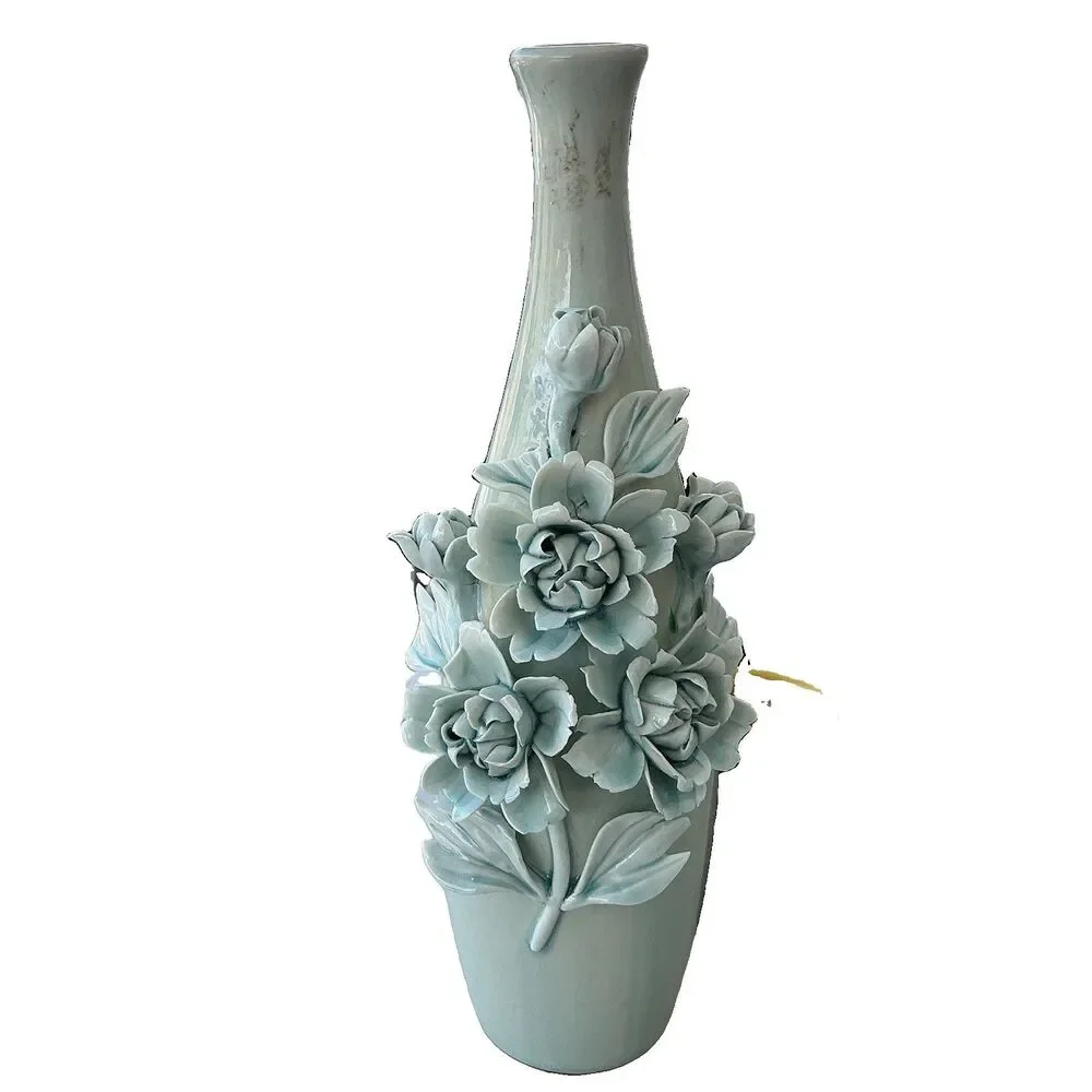 Vintage Celadon Green Porcelain Vase Applied 3D Floral Roses Crackle Glaze 14”